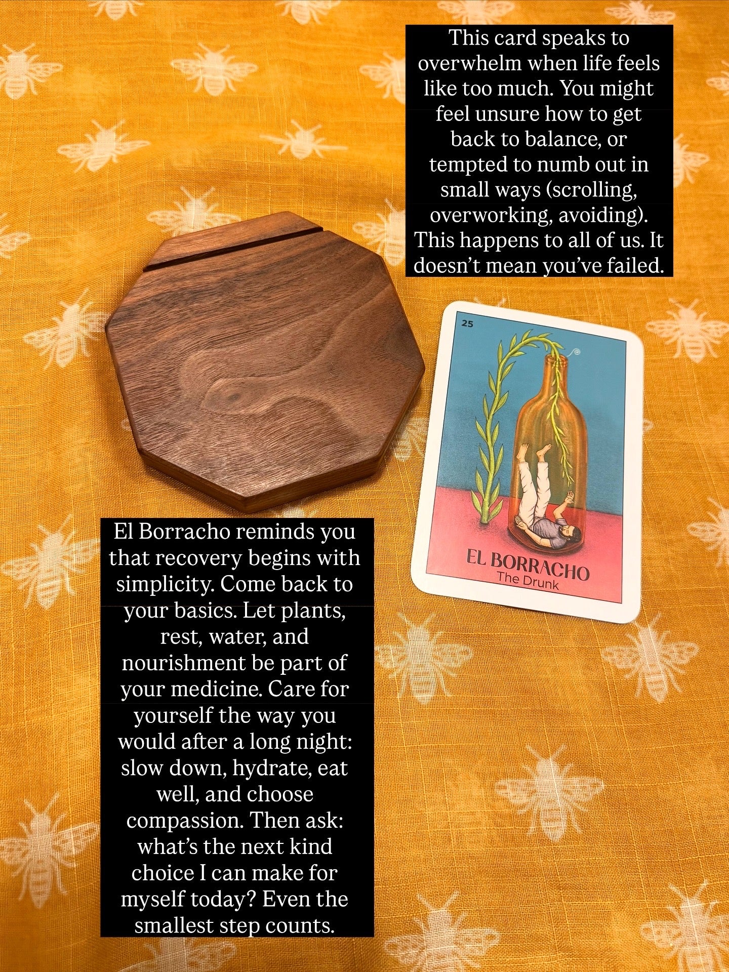 Oracle card next to a tarot card holder and text on an orange background with bee patterns