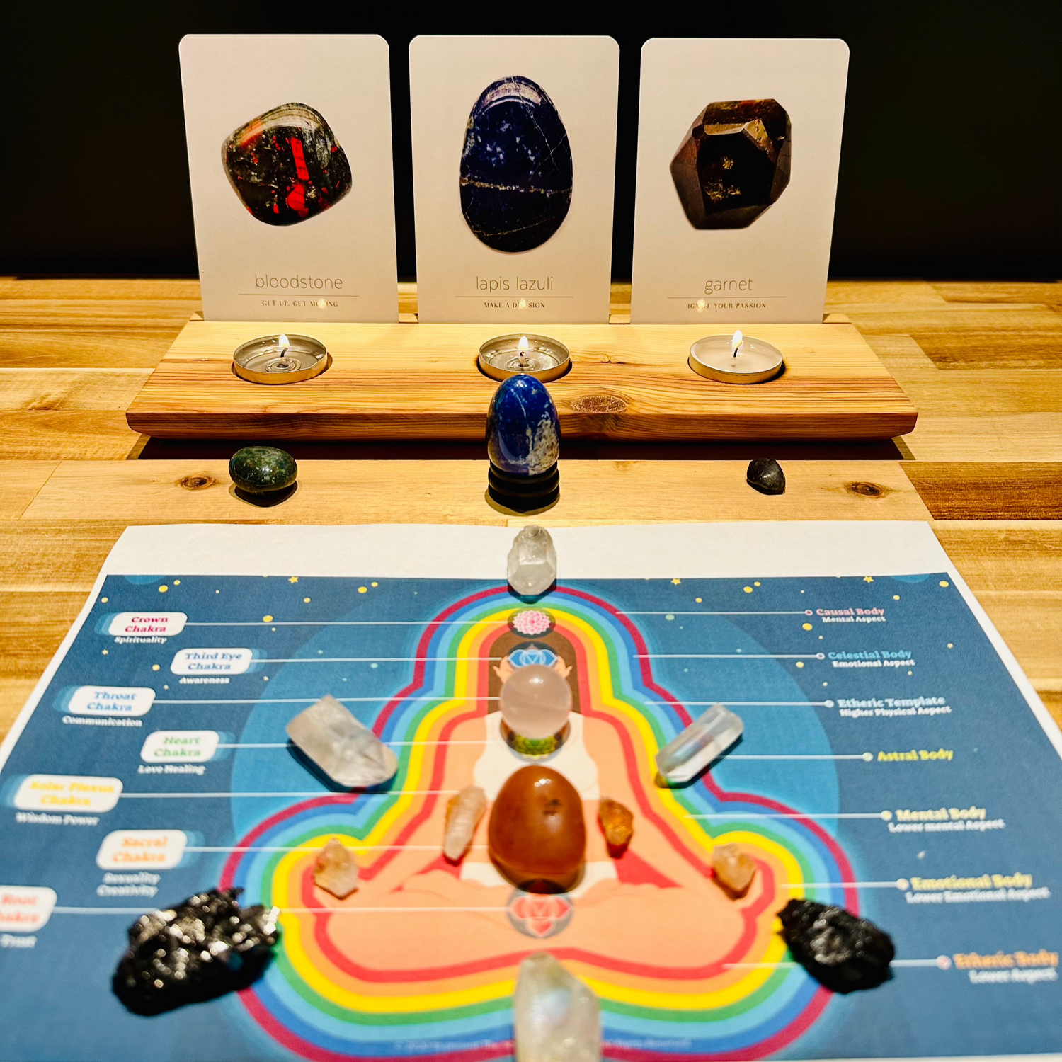 a 3 card reading with candles and crystals and a visual printed image of a person with aura colors and crystal grid.
