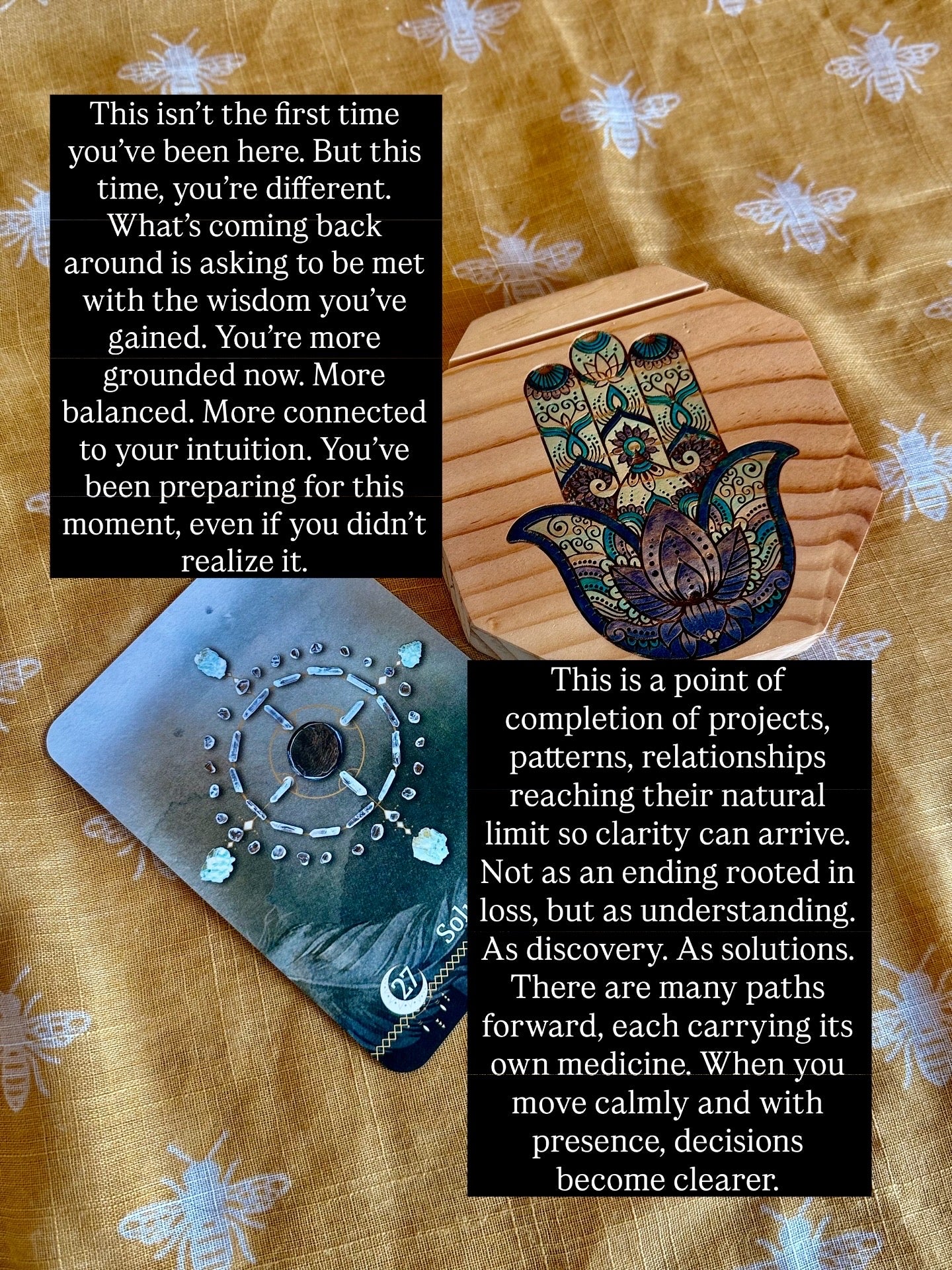 hamsa hand card holder and oracle card next to two blocks of writing with the reading. 