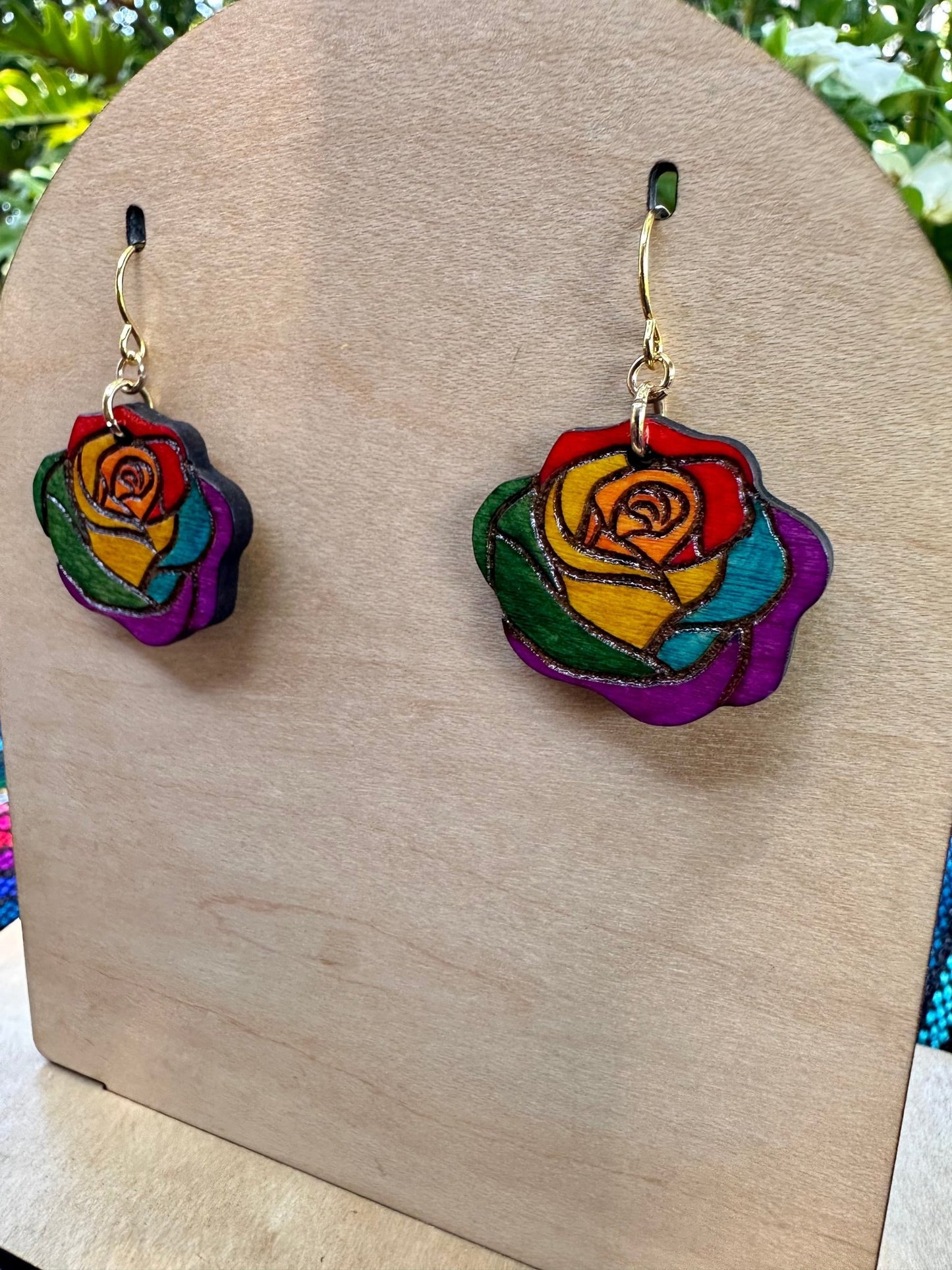 wood engraved Rainbow colored Rose Pride Earrings with gold colored hypoallergenic earring hooks 